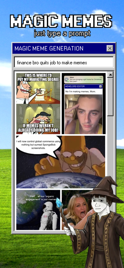 Memelord Mobile - ウィザードキャラクターが登場するMemelord Mobile AIジェネレーターのインターフェース。