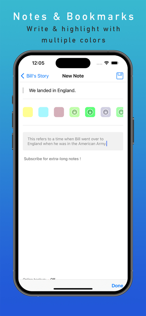 AA Big Book e-Reader + Audio - Interface of the AA Big Book app showing the notes and multi-color highlighting tool