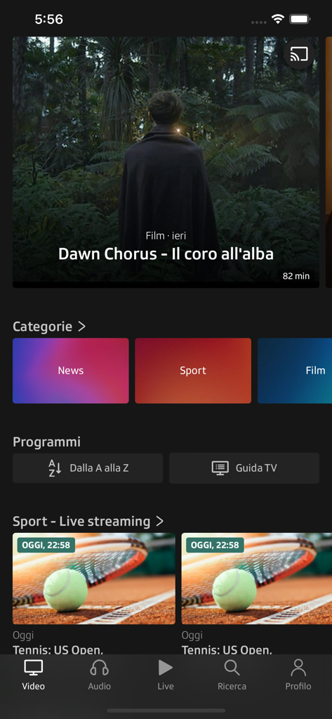 Play RSI - Pantalla de inicio de la aplicación Play RSI con categorías de películas y transmisión de deportes en directo.