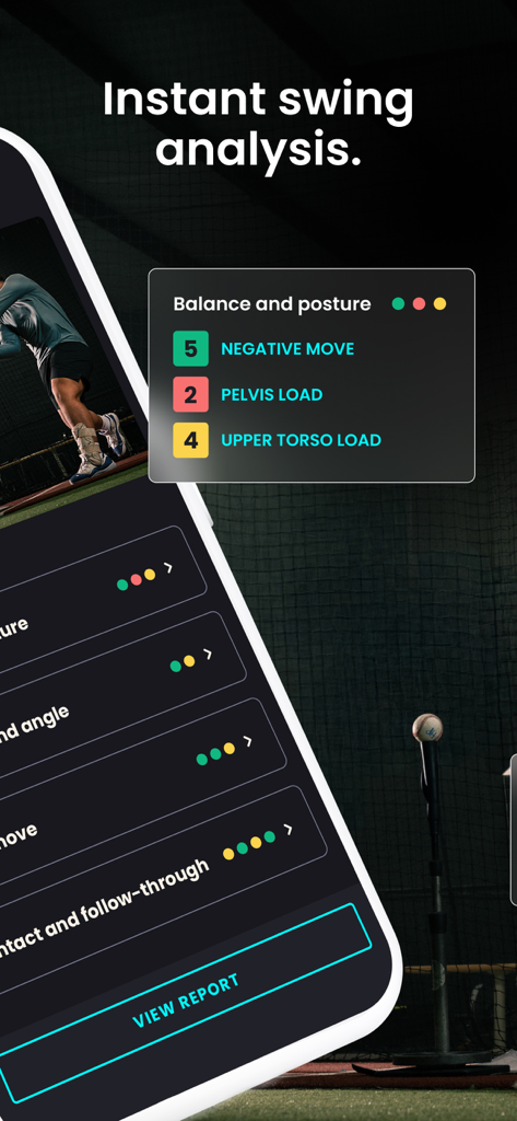 WIN Reality: SwingAI - A mobile screen showing the WIN Reality SwingAI app with instant swing analysis including balance and posture metrics.