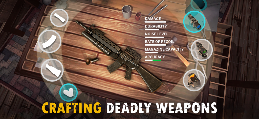 Live or Die 1: Zombie Survival - Interface de fabrication d'armes dans Live or Die 1 Zombie Survival montrant un fusil d'assaut avec diverses pièces jointes et statistiques de performance.