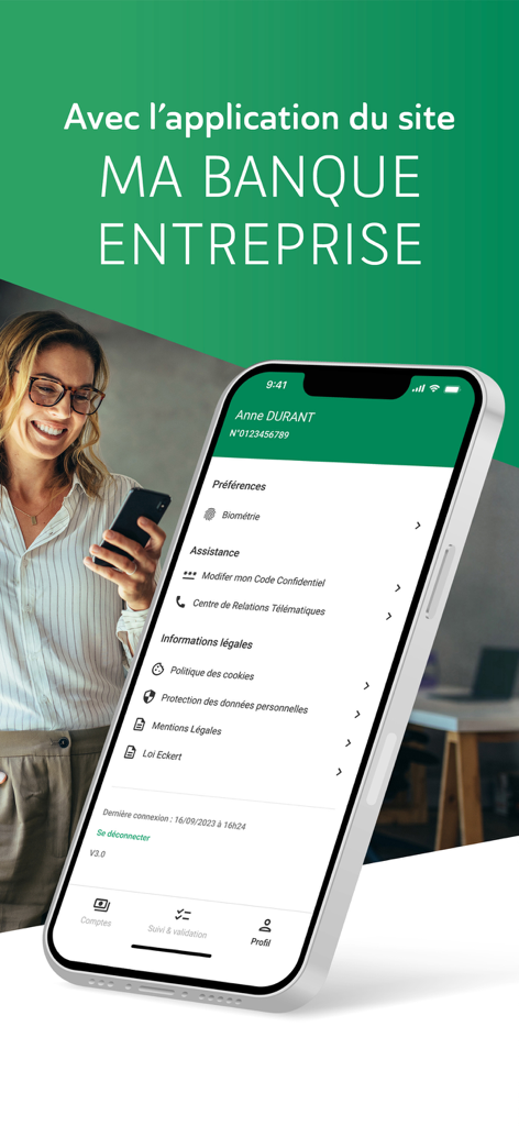 Profile section of the Ma Banque Entreprise corporate banking app by BNP Paribas showing account settings and assistance options.