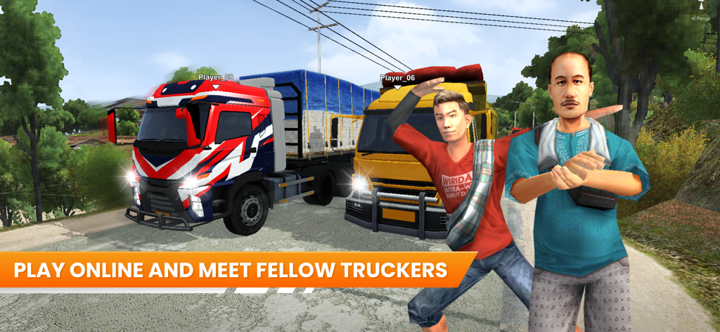 Two customized trucks and player characters in the online multiplayer mode of Truck Simulator Indonesia