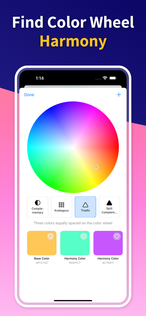 Color Identifier: Paint Match - Mobile app screen showing a triadic color wheel generating a harmonious three color palette with hex codes.