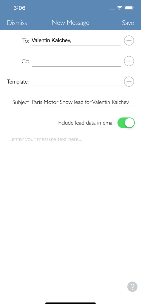 Zuant - Interface do aplicativo Zuant mostrando uma tela de nova mensagem para acompanhamento de um lead de vendas de uma feira.