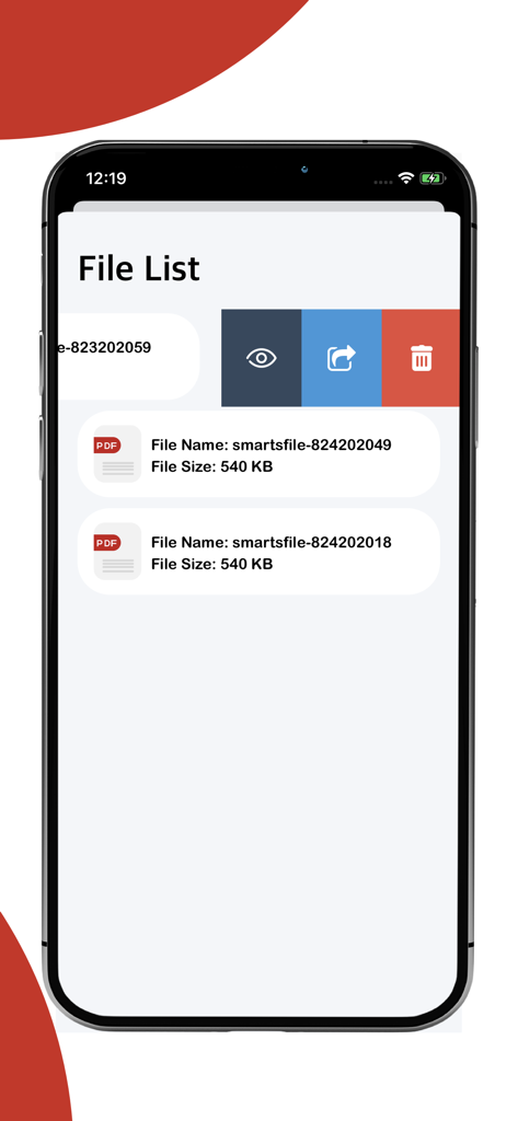 PDF Merge - PDF Files Merger - PDF結合アプリのファイルリストインターフェース。ドキュメントの表示、共有、削除オプションが表示されます。