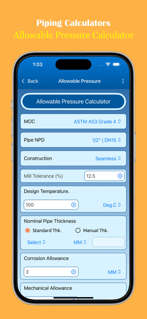 Piping Calculators - Allowable pressure calculator screen in the Piping Calculators app