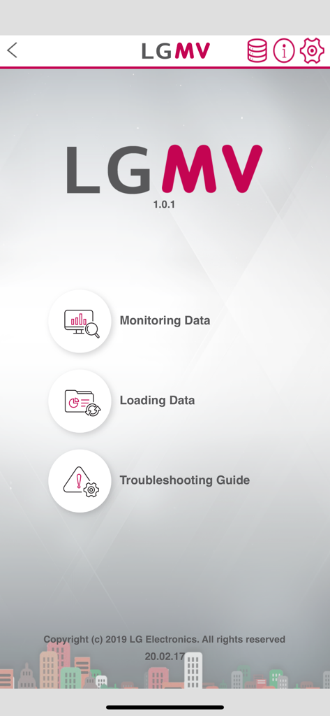LGMV-Business - LGMV Business app main menu with options for monitoring data and troubleshooting.