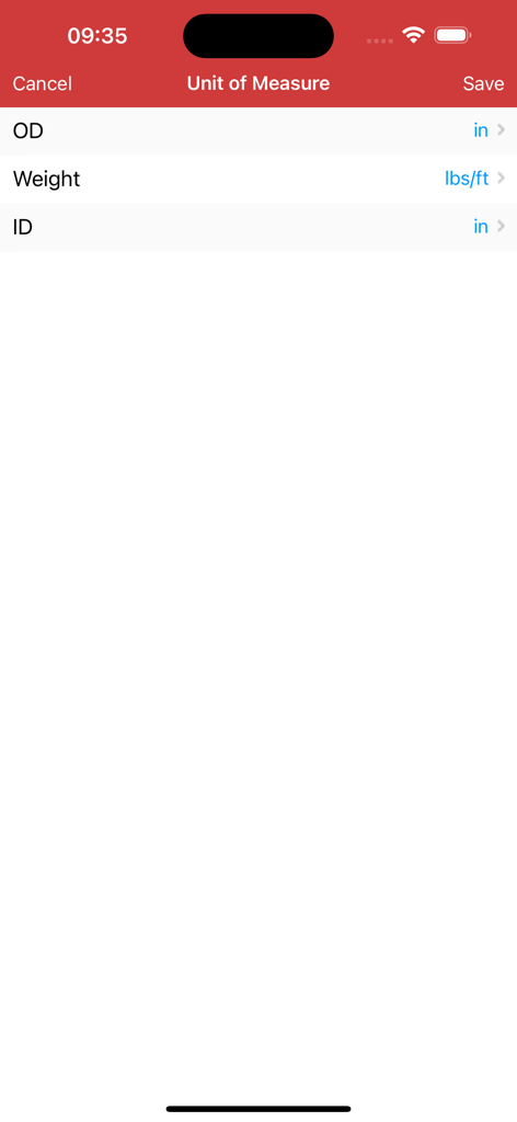 Halliburton eRedBook® Mobile - Unit of Measure settings screen for diameter and weight in the Halliburton eRedBook app