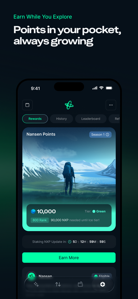 Interfaccia dell'app Nansen AI per il monitoraggio di premi e punti con un tema explorer