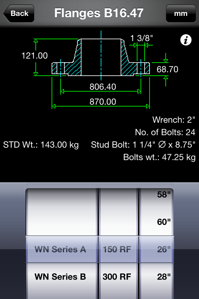 Piping DataBase - Flanges - Technical diagram and dimensions for B16.47 flanges including bolt specifications and weight