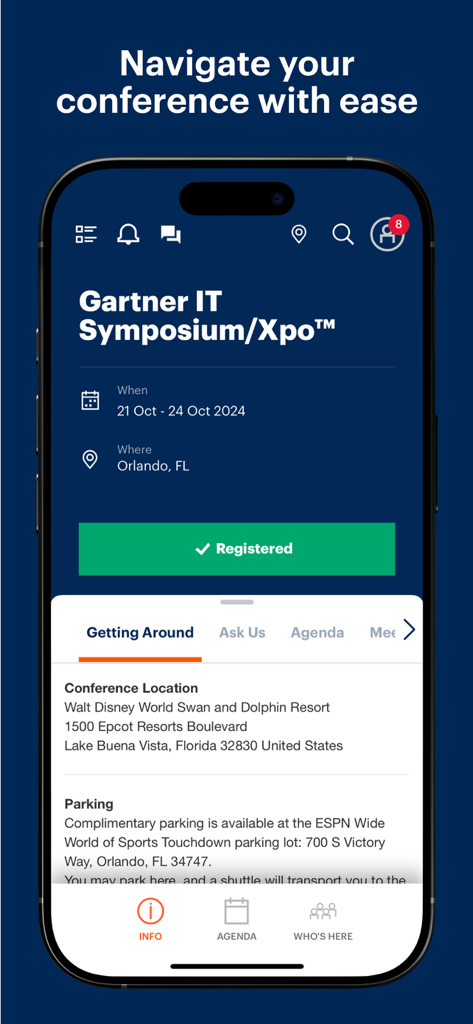 Gartner Conference Navigator - Gartner Conference Navigator app displaying IT Symposium event location and schedule details on an iPhone