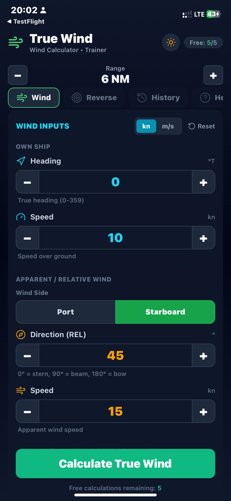 True Wind Pro - The input screen of the True Wind Pro app featuring fields for vessel heading, speed, and apparent wind data.