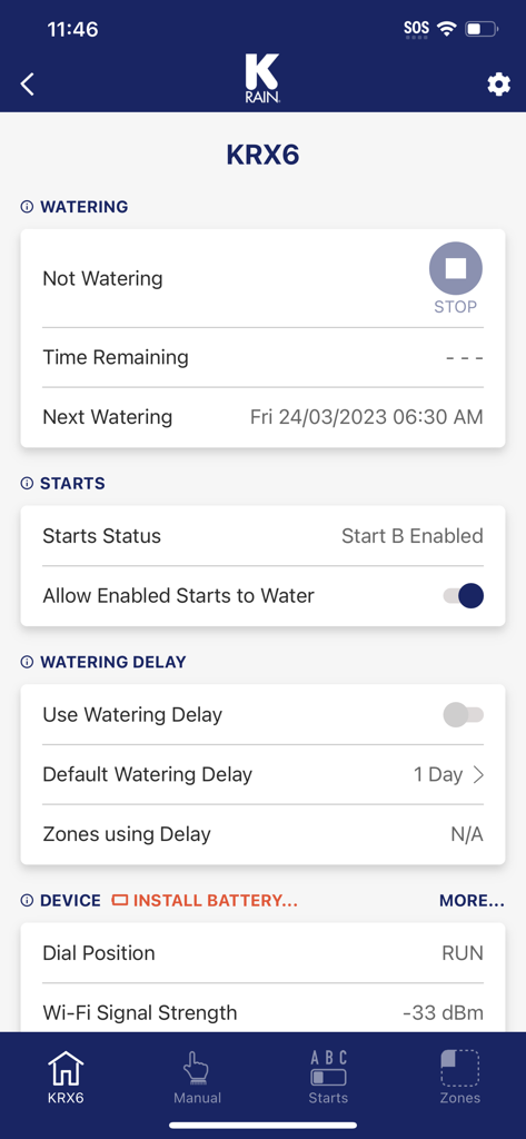 Holman Home - Interfaccia dell'app Holman Home per il controller di irrigazione KRX6 che mostra lo stato dell'irrigazione e le impostazioni del programma