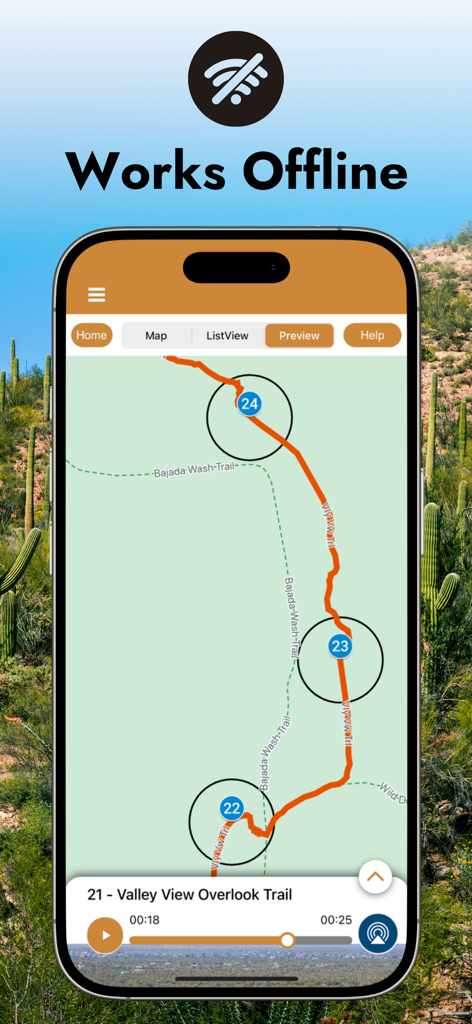 Saguaro National Park Guide - Saguaro National Park Guide app interface showing offline map and audio tour features