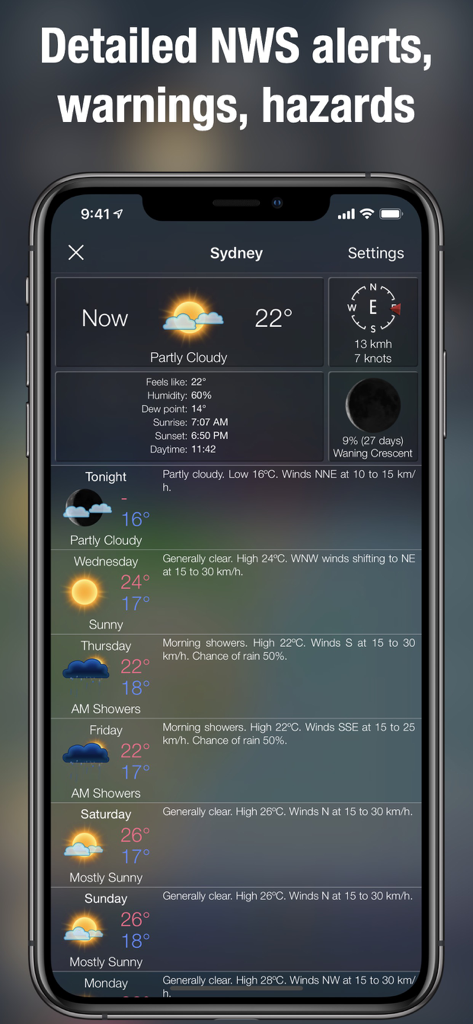 Doppler Radar Map Live Pro - Doppler Radar Map Live Pro app interface showing detailed weather forecast and NWS alerts on an iPhone