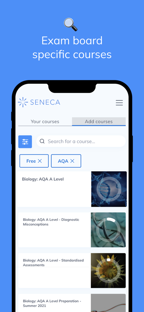 Interface do aplicativo móvel Seneca exibindo cursos específicos do conselho de exames de Biologia AQA A Level