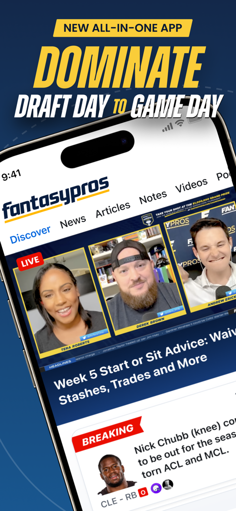 FantasyPros app interface showing live expert videos, fantasy football strategy advice, and breaking NFL player news.