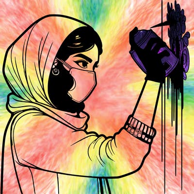 realistic girl with mask spray painting a wall