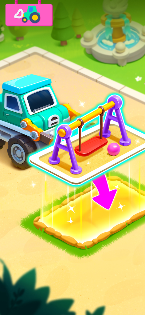 Baby Panda's School Bus - A blue construction truck placing a purple swing set in a park scene