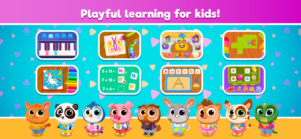 Bubbu School dashboard featuring educational activities like math, music, and art with cute animal characters