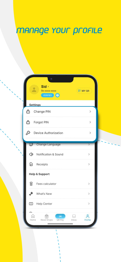 WavePay-App-Profilverwaltungsbildschirm mit Sicherheitseinstellungen und Hilfeoptionen