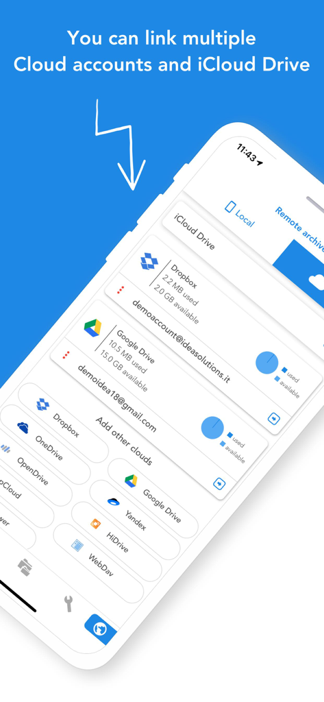 Interfaz de la app Total Files mostrando cuentas de almacenamiento en la nube vinculadas como Dropbox y Google Drive