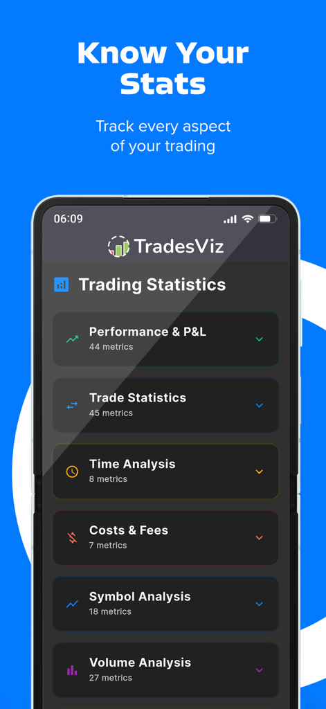 TradesViz Trading Journal - TradesViz Mobile App-Oberfläche zeigt ein Menü mit Kategorien für Trading-Statistiken wie Performance P und L Trade Statistics und Time Analysis