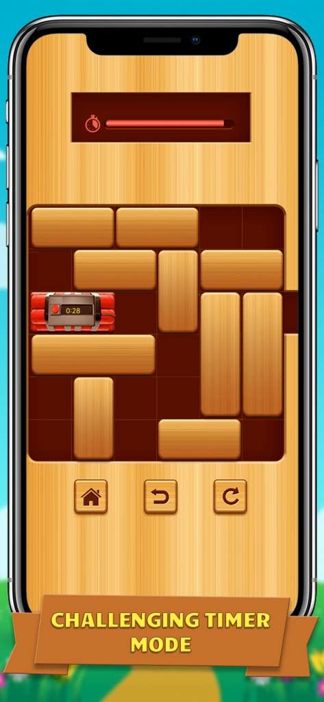 Gameplay of Unlock me unblock puzzle game featuring a timer mode with wooden blocks and a bomb timer.