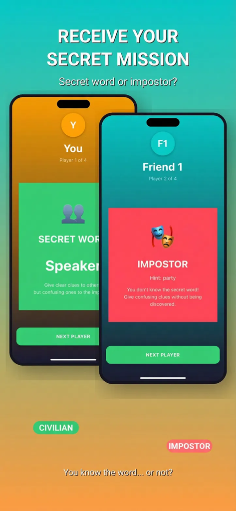 Fakit - Imposter - Two mobile screens displaying a secret word for the civilian and a mission for the impostor in Fakit