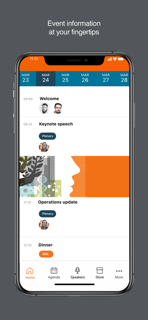 Elsevier Events app displaying a daily conference schedule with speaker profiles and session times.