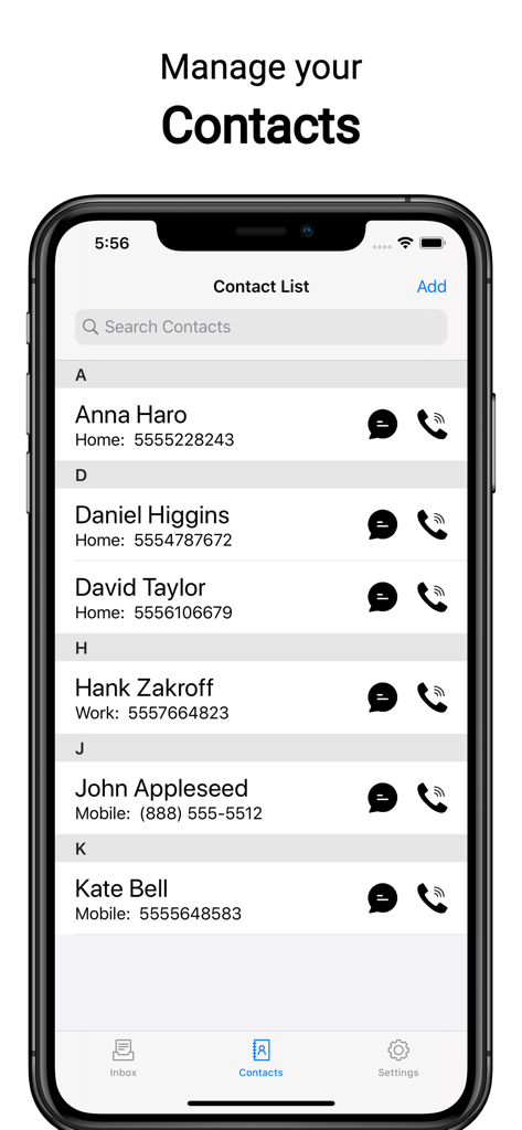 Second Phone Number: Text Call - Interface de l'application MySecondLine pour la gestion des contacts professionnels et personnels.