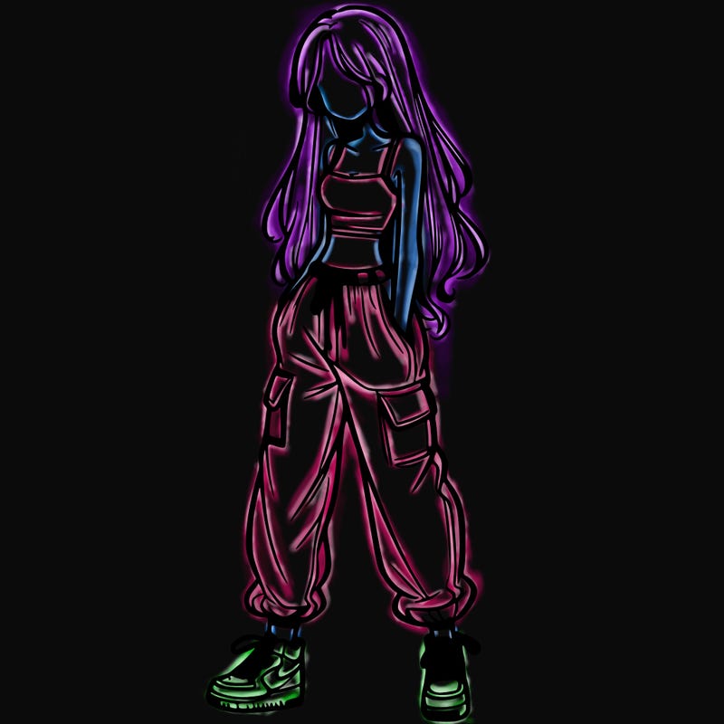 girl in baggy pants crop top and long hair
