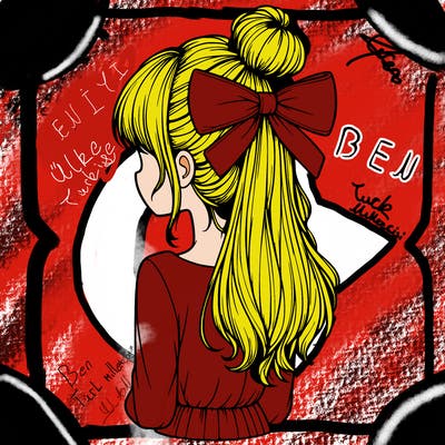 realistic girl  with hip length hair a bun and a big bow on the back of head