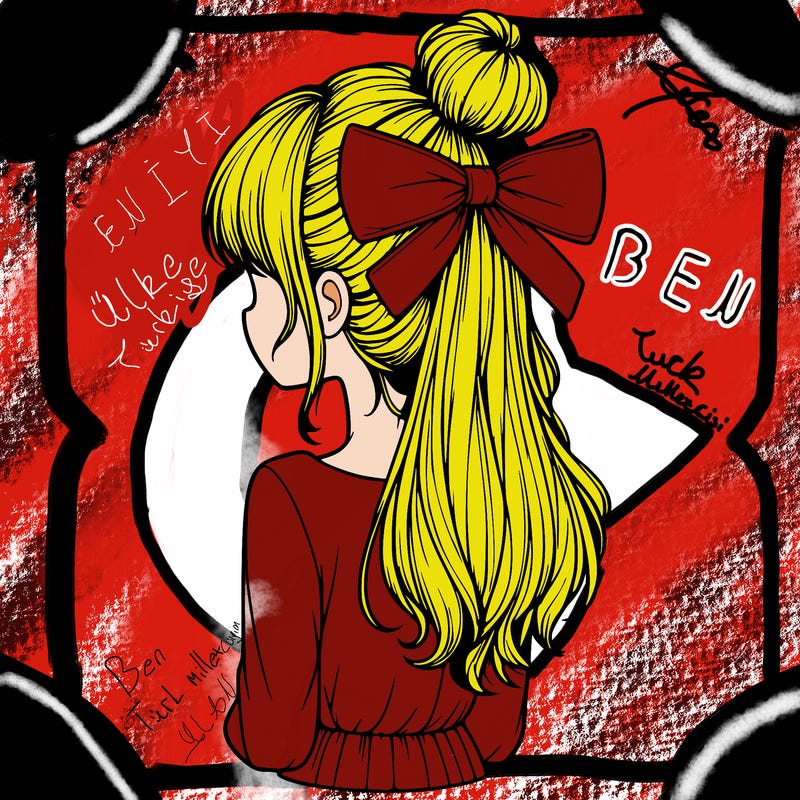 realistic girl  with hip length hair a bun and a big bow on the back of head