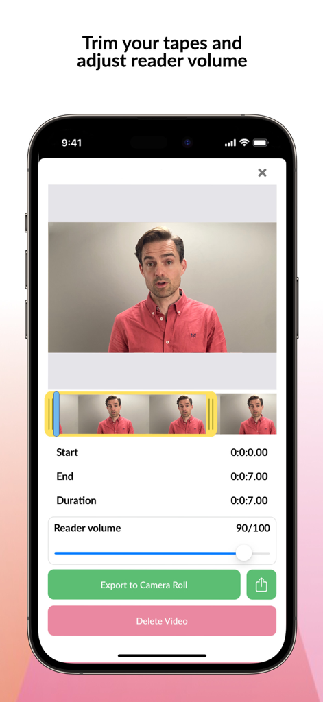 Smartphone screen showing the WeAudition app video editing interface with options to trim tapes and adjust reader volume