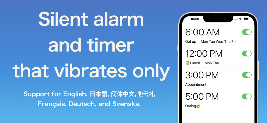 Vibrating Alarm Clock & Timer - iPhone mostrando la interfaz de una aplicación de reloj despertador y temporizador silencioso y vibratorio con múltiples alarmas programadas