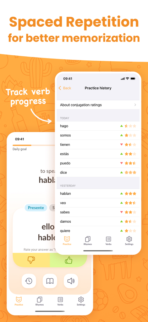 ConjuGato: Learn Spanish Verbs - ConjuGato practice history screen showing Spanish verb memorization ratings and progress tracking.