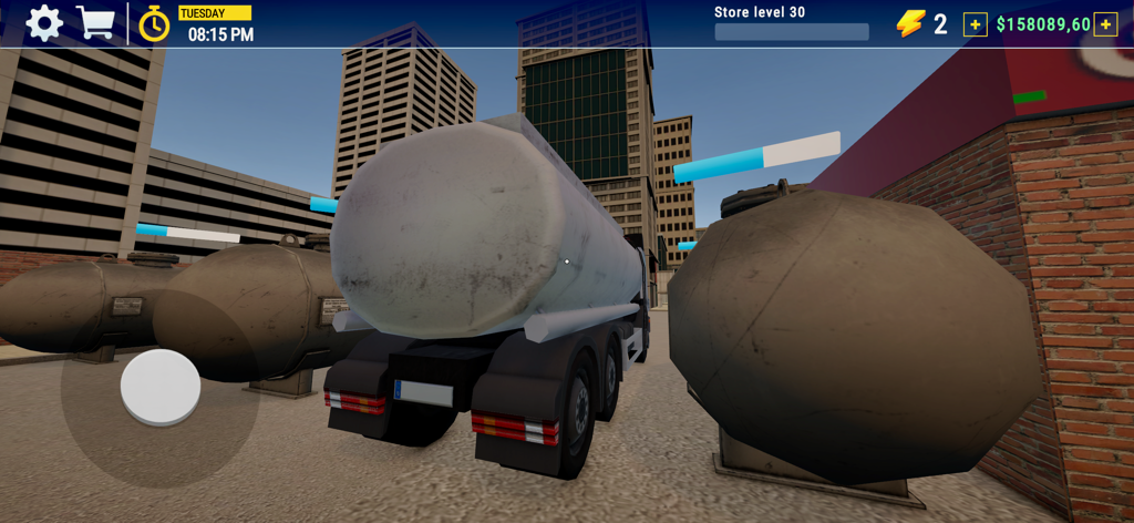 City Gas Station Simulator 3D - A large fuel tanker truck parked next to storage tanks in a city gas station simulation game