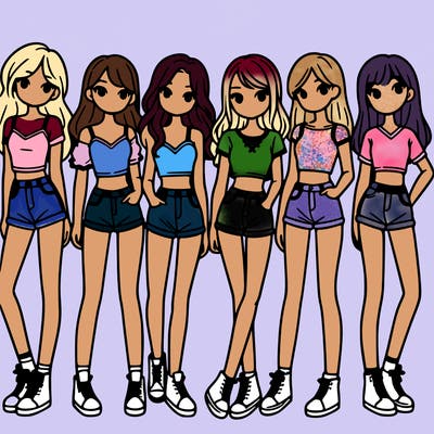 a group of girls wearing crop tops and shorts