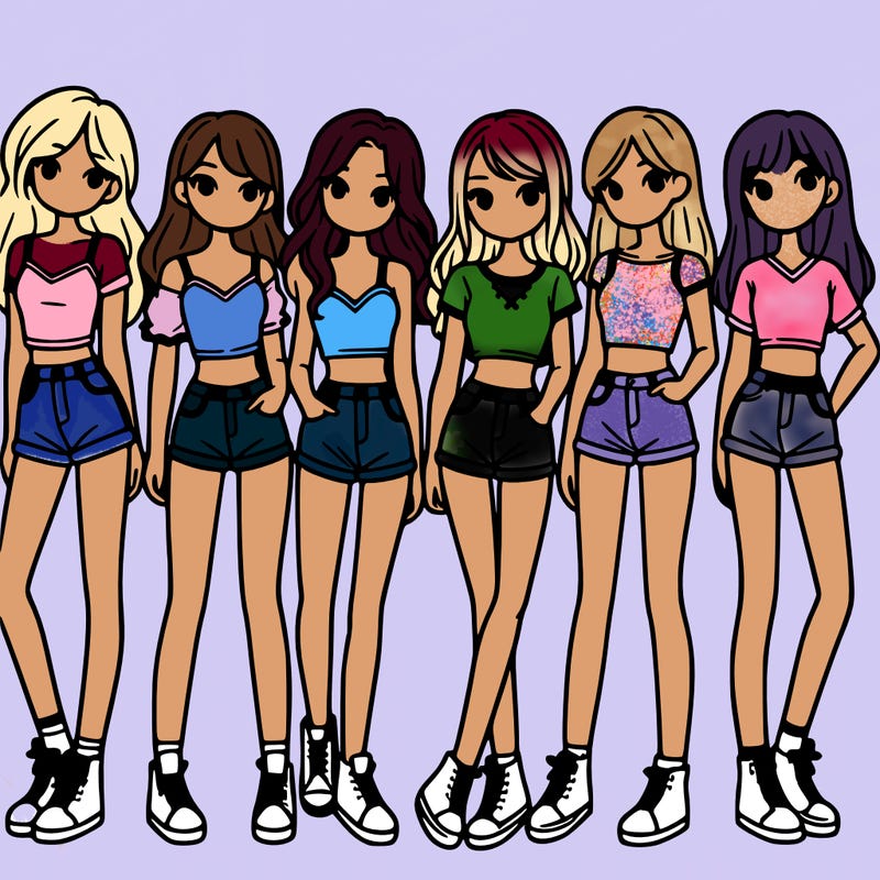 a group of girls wearing crop tops and shorts