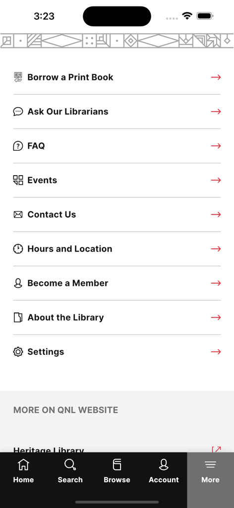 Qatar National Library - A menu screen in the Qatar National Library app showing options for borrowing books, asking librarians, viewing events, and account settings.