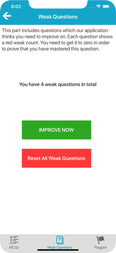 USMLE 1 Practice Questions - Tela do aplicativo de prática USMLE Step 1 mostrando a seção Perguntas Fracas com um botão Melhorar Agora