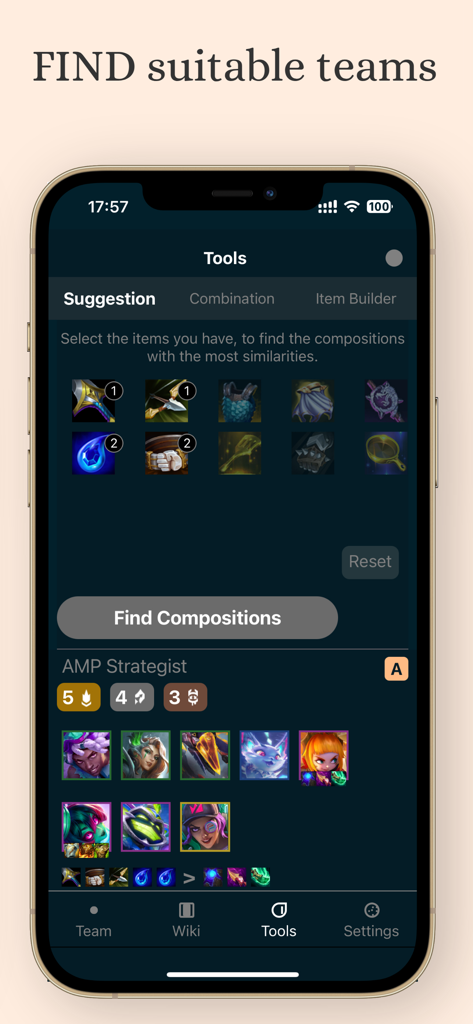 Interfaz de la aplicación Team TFT mostrando la herramienta para sugerir composiciones de equipo basadas en objetos.