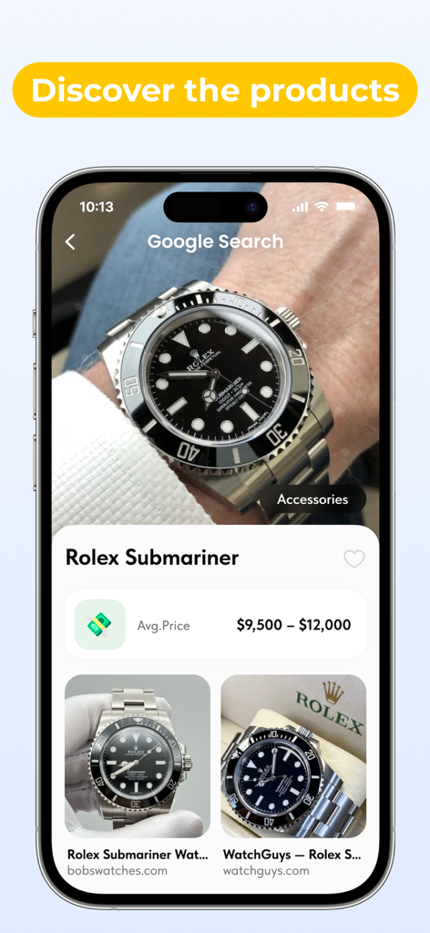 Interface of Lens Scan app identifying a Rolex Submariner watch including its average market price and shopping results.