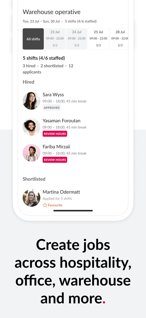 Coople for Business - Coople for Business app screen showing hired workers and shift management for a warehouse operative role.