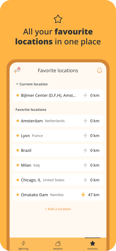 Lightning Alarm - Lightning Alarm app screen showing a list of favorite locations with real-time lightning strike distances.