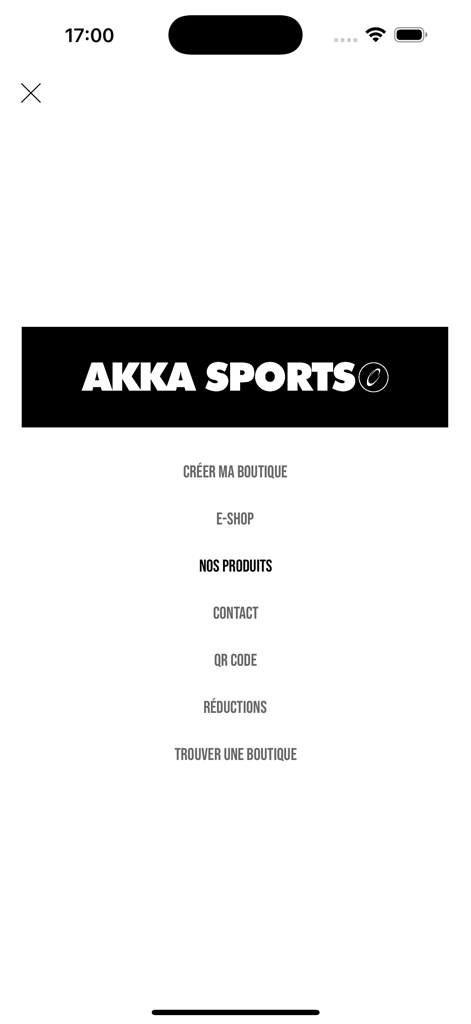 Akka sports - Navigation menu of the Akka Sports app showing options for shop and products in French