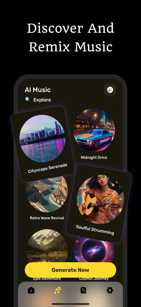AI Music Cover & Songs - Mobile app interface for discovering and remixing music with AI generated song styles and a generate button