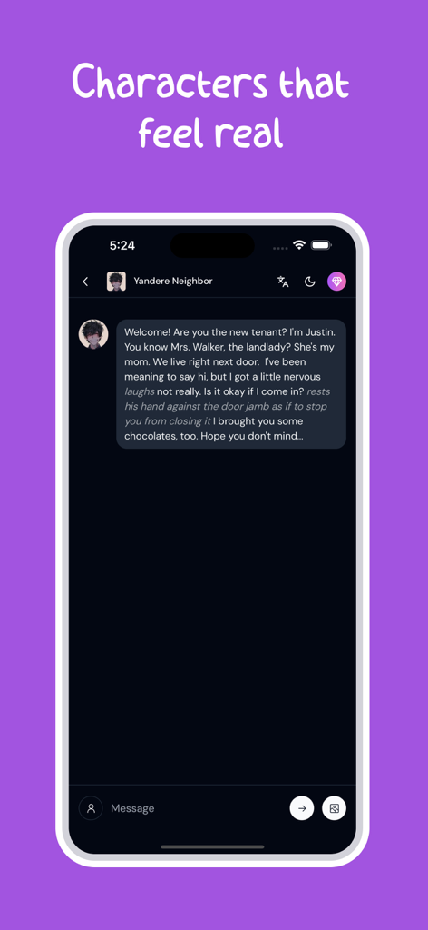 Interface of Sakura app showing a roleplay conversation with an AI character named Yandere Neighbor.